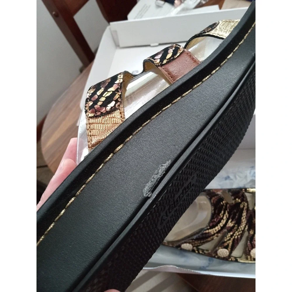 Alegria‎ Women Metallic Snakeskin Print Slide Sandals Bronze Gold Black Platform